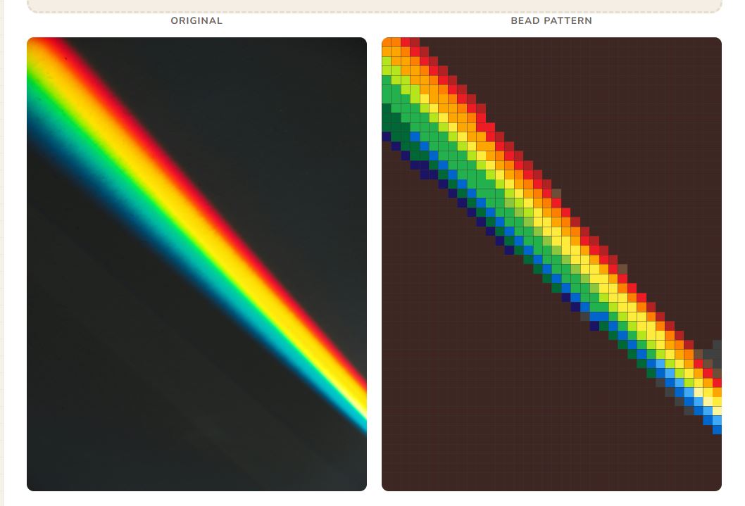 BeadSnap showing the side-by-side view: original photo on the left, generated Perler bead pattern on the right with color codes in each cell