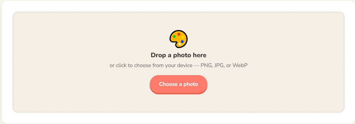 BeadSnap homepage showing the upload area with the 'Drop a photo here' box and example thumbnails below